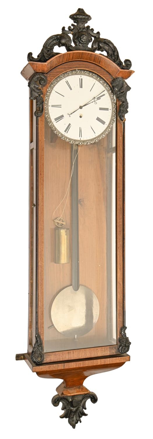 A Vienna wall timepiece, 19th c, with enamel dial and foliate cast bezel, pendulum, weight and