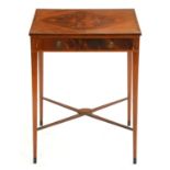 An Edwardian mahogany side table, the quarter veneered top crossbanded in rosewood, the drawer to