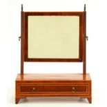 A mahogany and inlaid dressing mirror, 19th c, the rectangular base fitted with a drawer, 45cm h;