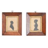 A pair of 19th c silhouette of a lady and gentleman, in contemporary rosewood frames, 10 x 8cm