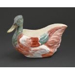 A Derby duck shaped sauceboat, c1825, 95mm h, red painted mark Wear to gilding on rim