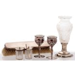 A pair of silver electro-deposit liqueur glasses, c1930, 82mm h, a silver clothes brush, silver-