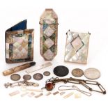 A Victorian mother of pearl card case and a similar spectacles case, several silver and other coins,