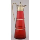 A Victorian EPNS mounted cranberry glass claret jug, c1900, 30cm h Plating worn showing nickel and