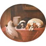 An English porcelain plaque, c1900, painted by J E Dean, signed, after Sir Edwin Landseer with "