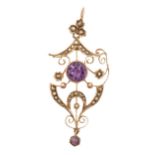 An amethyst and split pearl openwork brooch, in gold, 42mm, marked 9ct, 2.2g Damaged
