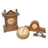 A German stained softwood mantel clock, c1900, 36cm h and three various timepieces (4) Condition