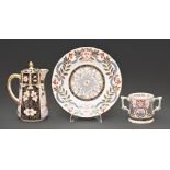 A Royal Crown Derby Witches pattern jug and cover and commemorative loving cup and plate, 20th/