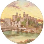 An English porcelain plaque, early 20th c, painted by J E Dean, signed, with Conway Castle, 26.5cm