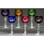 A Harlequin set of six cased and cut hock glasses, second half 20th c, 17.5cm h Good condition