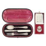 A Victorian silver christening set, of spoon, fork and knife, by Josiah Williams & Co, London 1894