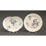 A Derby kidney shaped dessert dish and a similar plate, c1790, outside decorated, boldly painted