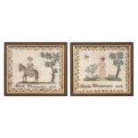 A pair of English linen samplers, Rhoda Thompstone's work, c1800, with a girl and tree in trailing
