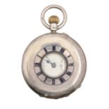An English silver half hunting cased keyless lever watch, Jays 366 Essex Road London Makers to the