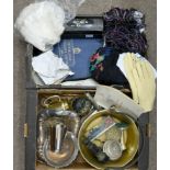 Miscellaneous items, including a Victorian papier mache glove box, christening gown, vintage shawl