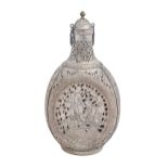 A Middle Eastern silver coloured metal encased glass dimpled flask and stopper, 20th c, chased and