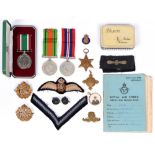 WWII, 1939-1945 Star, Defence Medal and War Medal, RAF and other cap badges, RAF cloth insignia