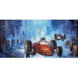 British School, 20th c - Ferrari in the Lead, inscribed to verso, acrylic on canvas