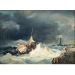 British School, 19th century - Fishing Vessel in a Storm off a Breakwater,  oil on panel, 19 x