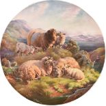 An English porcelain plaque, 1918, painted by J E Dean, signed and dated, with sheep in a