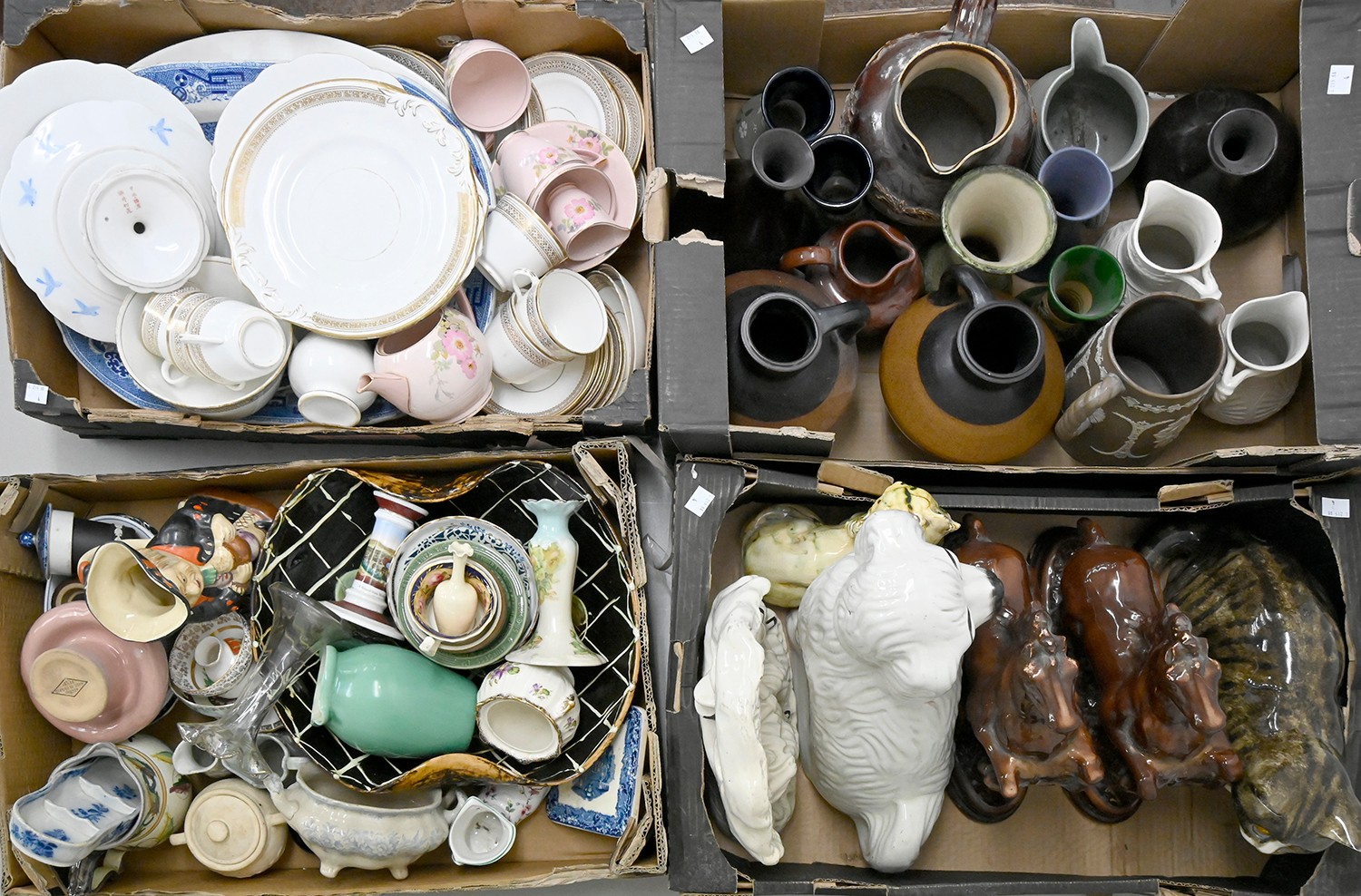 Miscellaneous ceramics and glass, including Staffordshire flatbacks, stoneware jugs, part Wedgwood