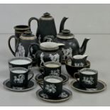 A group of F & R Pratt and other matching black ground ‘Old Greek’ printed tea ware, 19th and