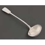 A Victorian silver soup ladle, Fiddle pattern, initialled N, by William Eaton, London 1844, 8ozs