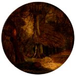 English School, 19th c - Woodland Scene, with a solitary figure and two deer, oil on board,