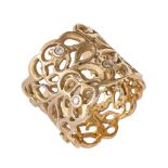 A foliate cast openwork diamond band ring, in gold, lozenge shaped maker’s mark and 14 kt, 9g,