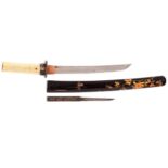 A Tanto in Koshirae Sugata:  Shinogi-Zukuri Iori-mune with shallow tori-zori Nagasa:. 22.5cm