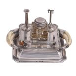 A Victorian silver inkstand and pen rest, with boar's tusk handles, 20.5cm over handles, by