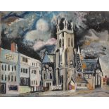 Claude Paice (Fl. mid 20th c) - Church under a Stormy Sky, signed, mixed media on board, 43 x 44cm