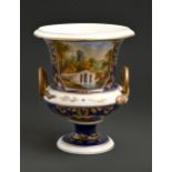 A Derby vase, c1820,  painted with a landscape reserved on a cobalt ground, 16.5cm h, painted mark