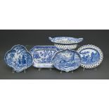 An English blue printed earthenware Grazing Rabbits pattern dish, early 19th c, 24cm l and four