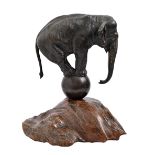A Japanese sculpture of an elephant balancing on a ball, Meiji period, root wood stand, 35cm h,