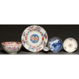 A Chinese famille rose export porcelain bowl, Chinese Imari plate, two saucers and a Batavian ware