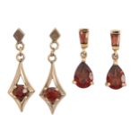 A pair of gem set 9ct gold earrings, 16mm, 1.4g and another pair of earrings (4) Good condition