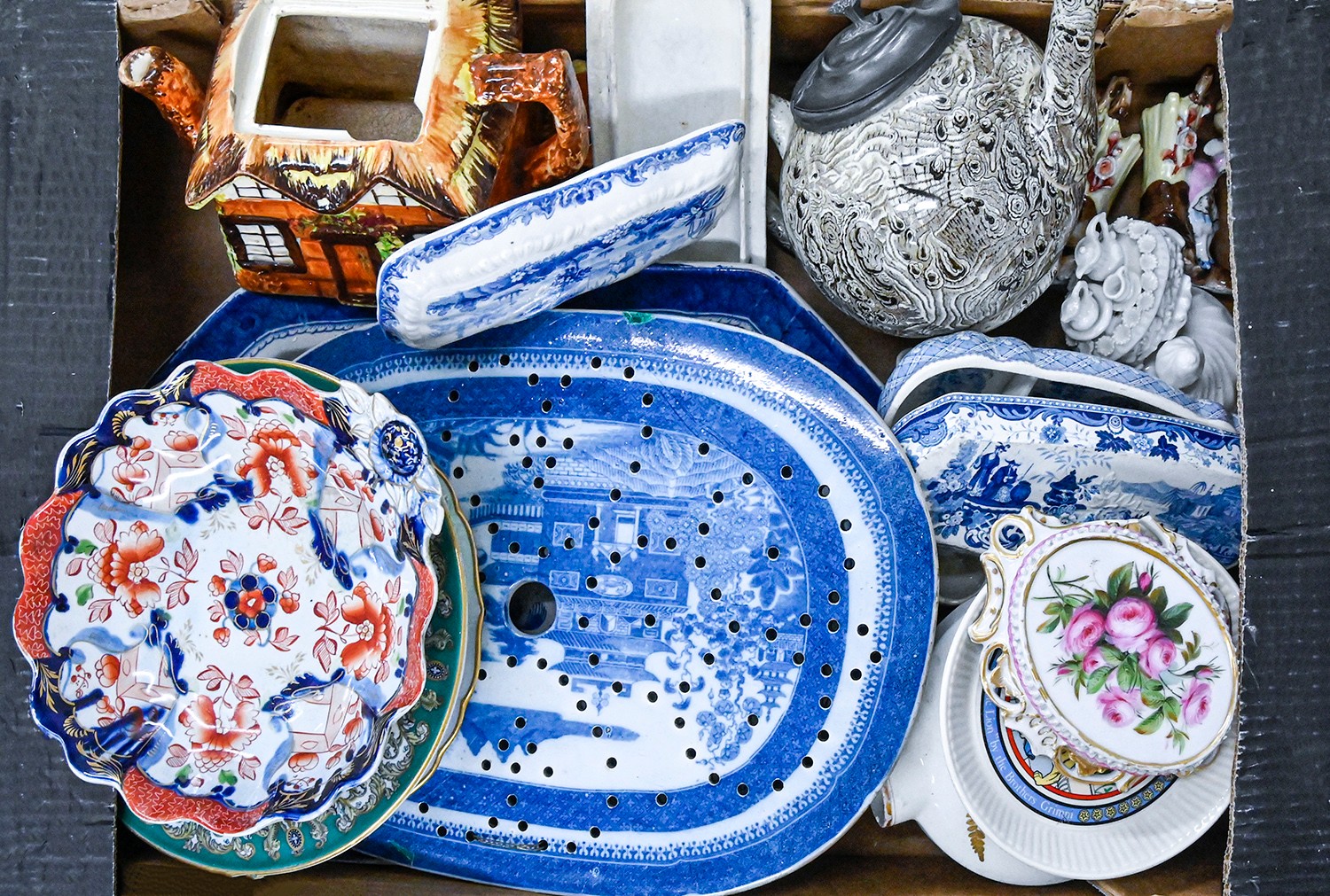 Miscellaneous ceramics, including cottage ware teapot, blue and white meat plate and drainer, etc