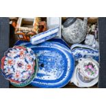 Miscellaneous ceramics, including cottage ware teapot, blue and white meat plate and drainer, etc