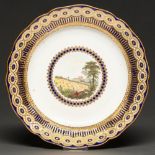 A Derby plate, c1785, painted with a central landscape medallion with haymakers at work in a