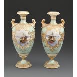 A pair of Noritake vases, c1930, painted with seascapes reserved on a light blue ground, 24cm h,