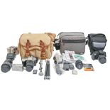 A Pentax digital camera and miscellaneous camera lenses, accessories, gadget bags, etc