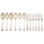 A set of six Edwardian silver dessert forks and spoons, Old English pattern, by Robert Pringle &