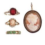 Three gold rings, variously gem set and a cameo brooch in 9ct gold, 11.2g, size L, O (4) Hoop of red