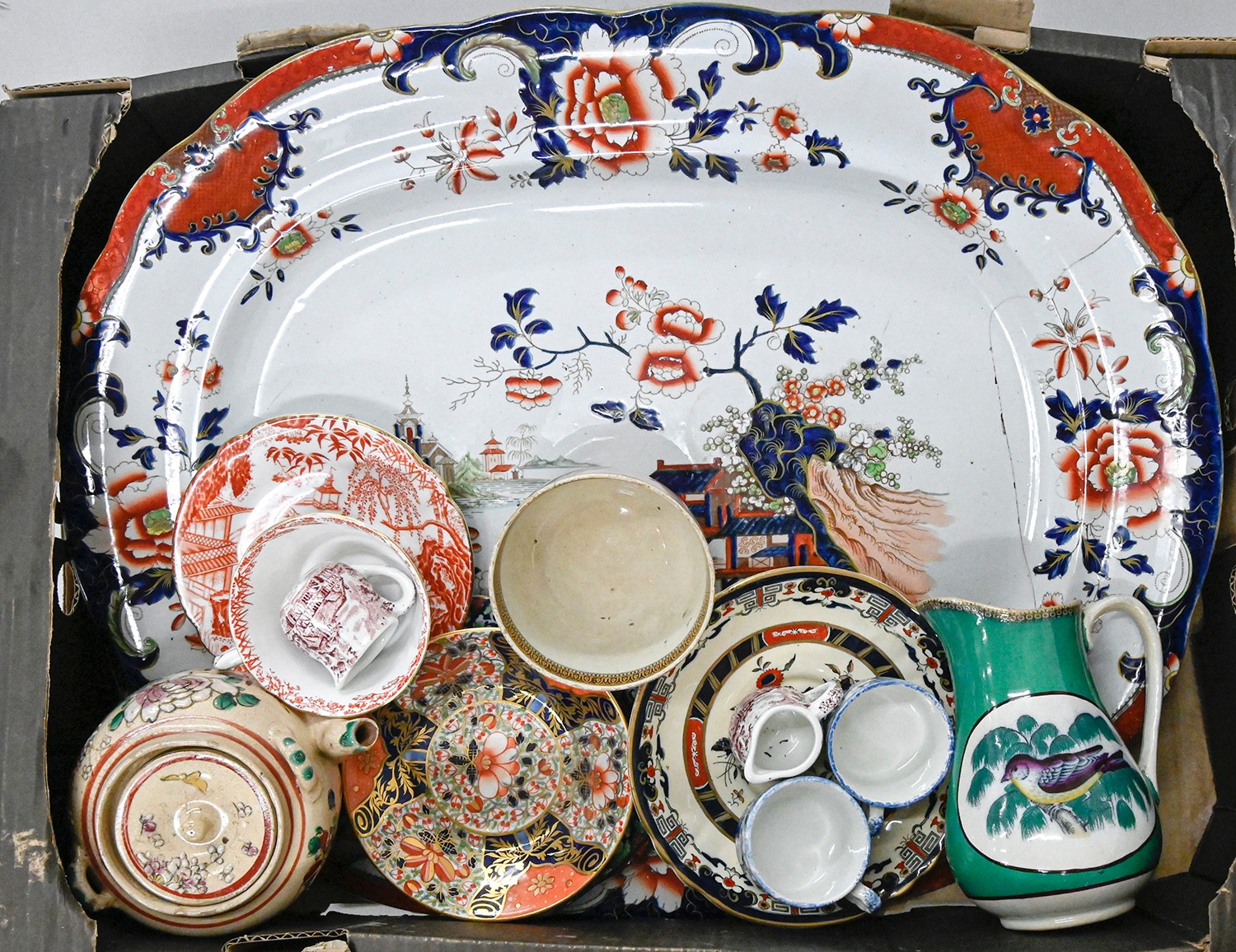 Miscellaneous ceramics, including an Ironstone meat plate, Derby, Masons and other tea ware, etc