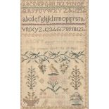 A George III linen sampler, Martha R...er, worked with bird, trees and flowers in zig-zag border, 20