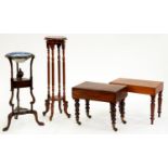 Two Victorian mahogany bidets and a wig stand with Chinese blue and white bowl, stand 83cm h and a