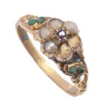 A Victorian ruby, turquoise and split pearl ring, in gold, with chased and pierced shoulders, 2g,