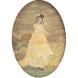 A George III silk needlework picture of a young lady picking flowers, in oval giltwood and