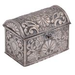 A silver coloured metal repoussé casket, 19th c, the lid and sides decorated with stylised flowers